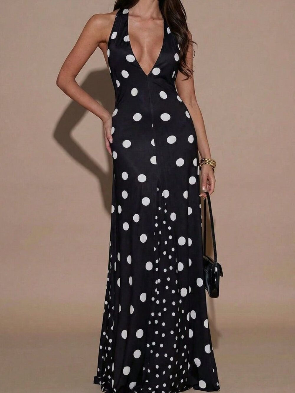 Black Sexy Women's Polka Dot Print Halter Backless Sleeveless Dress - Picture 3 of 4